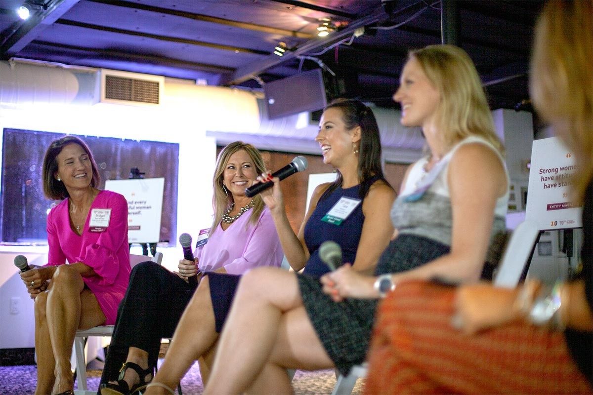 Panelists, from left, Bridget Ryan-Berman, Kim Shanahan, Tara Petrucci, Kristy Laughlin, and Tracy Castle-Newman discussed the changes in Women in Business over the past decade and how Pamplin has supported the group. (Photo credit: Dale Mina)