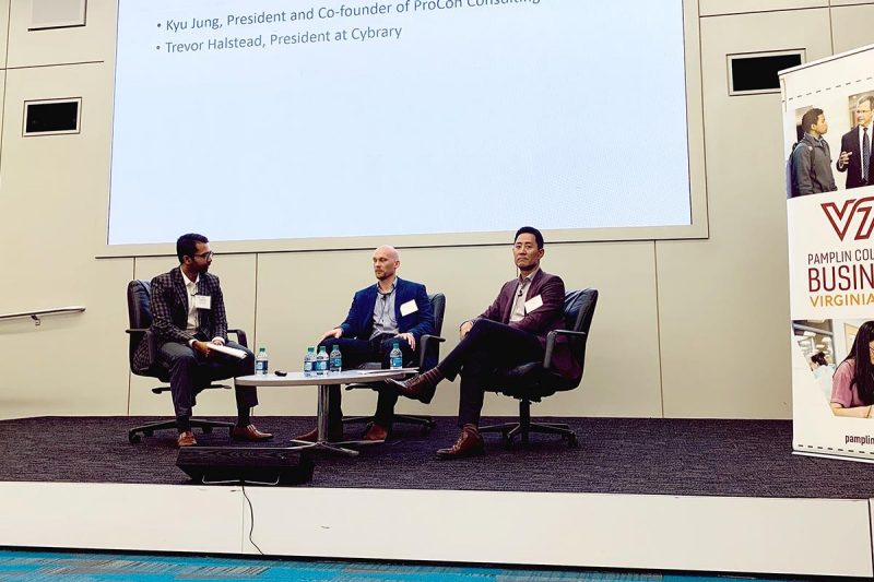Gaffar Chowdhury (ECON ’08), left, moderates a discussion on entrepreneurship with Trevor Halstead (BCHM ’12, CHEM, ’12), president of Cybrary and Kyu Jung (CEEN ’96, M.S., ARCH ’99), CEO of ProCon Consulting during the inaugural Business Thought Leadership Conference in June. (Photo credit: Elizabeth Mitchell)