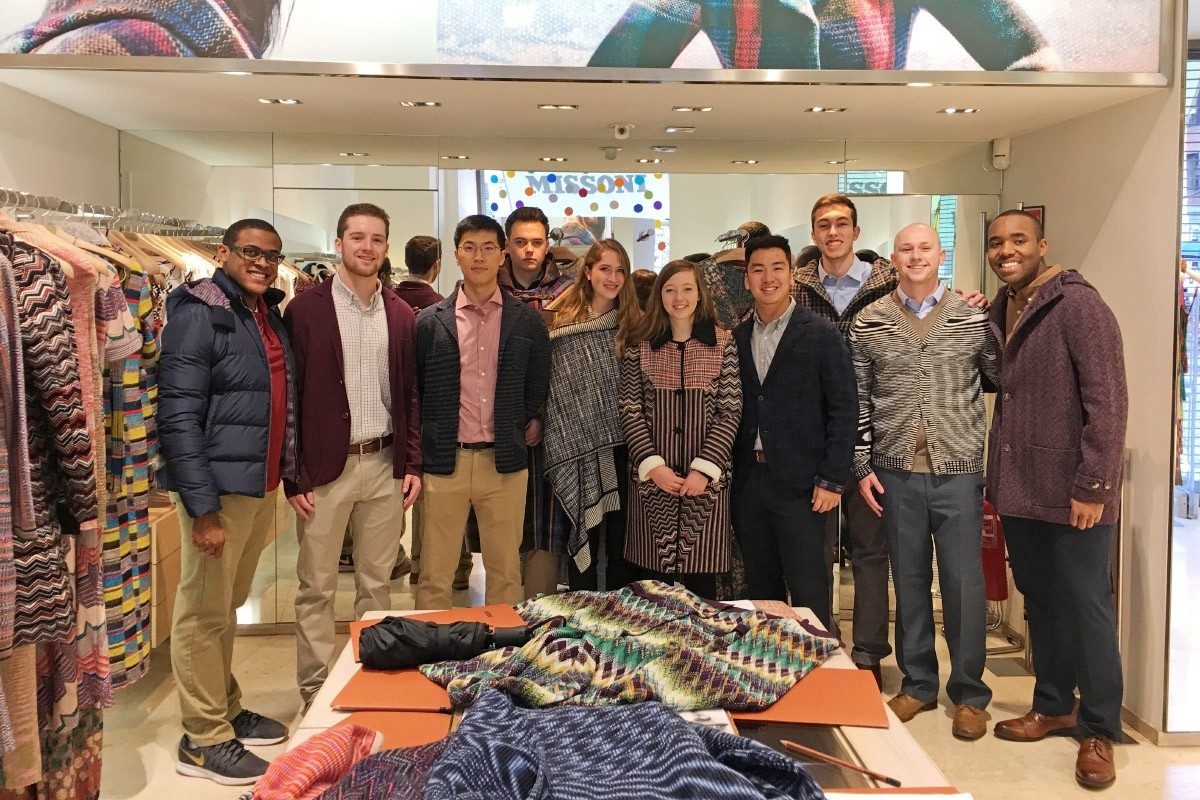 The Italy program, led by Jennifer Clevenger, focused on luxury businesses in food and wine, fashion, and transportation. At Missoni in Rome, students learned more about the details behind the company’s certified, Made-in-Italy luxury products, Clevenger said. From left: Casey Polk, Shane Curtis, Spencer Pao, Jack Lerch, Katerina Friberg, Kaitlyn Murphy, Phil Tsoi, Tim Burnette, Connor Davis, and Darius Boles. Photo by Jennifer Clevenger