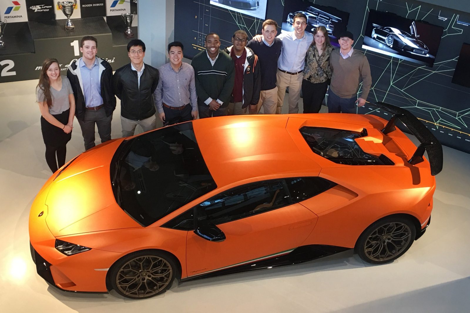At Museo Lamborghini in Sant'Agata Bolognese, the group toured the factory to learn more about the assembly of the sports cars. From left: Kaitlyn Murphy, Shane Curtis, Spencer Pao, Phil Tsoi, Darius Boles, Casey Polk, Jack Lerch, Tim Burnette, Kat Friberg, Connor Davis. Photo by Jennifer Clevenger