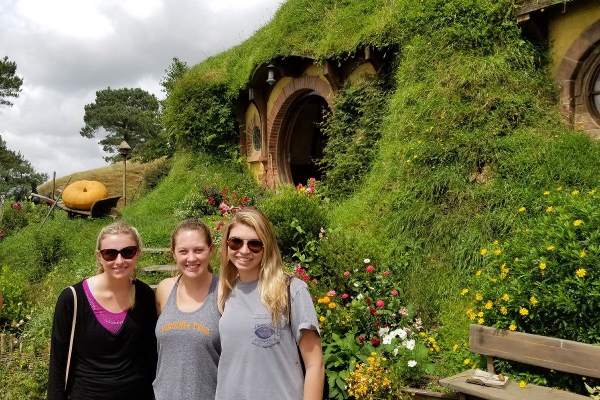The students enjoyed a visit to the movie set of The Hobbit and Lord of the Rings trilogy movies. From left: Liza Brown, Maddie Augustine, Bridget Corradi. Photo by Lance Matheson