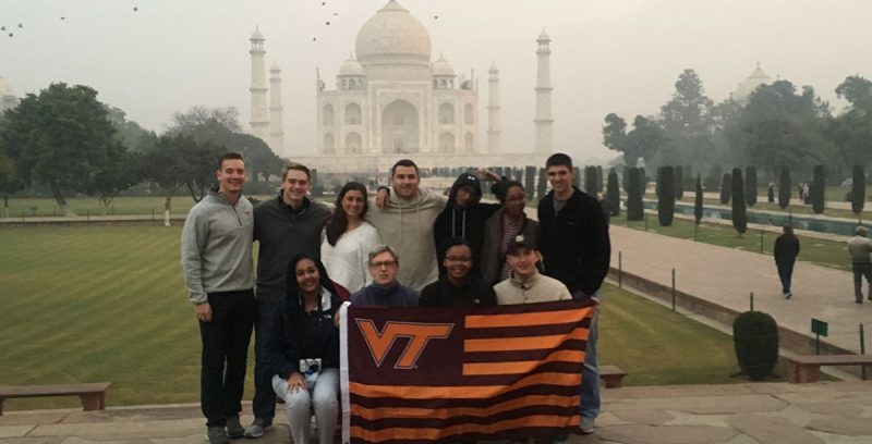 Hokies at the Taj Mahal. First row left to right: Gelila Reta, Reed Kennedy, Victoria Jones, Ethan Williams. Second row: Charlie Young, Andrew Coyle, Katie Pearson, Brent Yantis, Sid Muralidhar, Cat Piper, Nick Clark. (Photos courtesy of Reed Kennedy)
