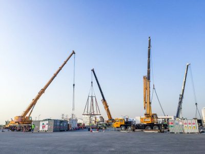 Teams attending the Solar Decathlon Middle East can use cranes to assemble their houses at the competition site. (Photo by Laurie Booth)