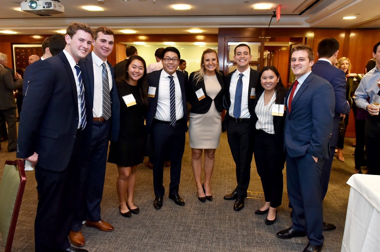 Student members of BASIS (Bond and Securities Investing by Students), from left:  Quillin Gaffey, Cal O’Donnell, Sarah Christen, Eric Zheng, Katie Kullmann, Alex Mello, Elianna Gerb, Grant Griffith