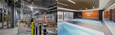 A photo of the in-progress construction progress in the football locker room on the left. A rendering of hydrotherapy pools with a VT sign on an orange wall in the renovated football locker room on the right.