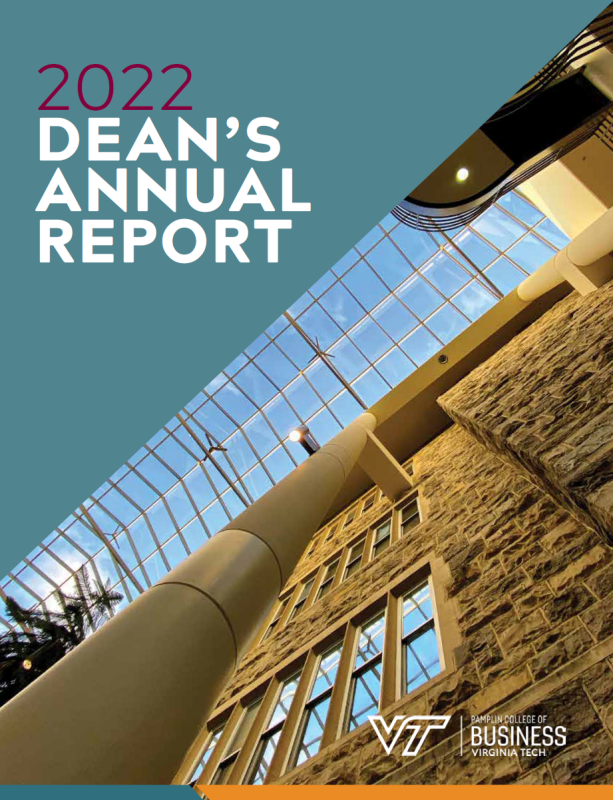 2022 Dean's Annual Report Cover of interior of Pamplin Atrium with shots of the sky