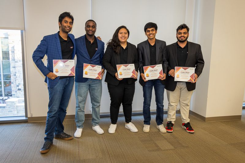 Team Peregrine (from left) of Michael Odusami, Dhruv Varshney, Pualena Heather, Arnav Jagtap, and Aditya Singh won the first-place prize at CodeFest.