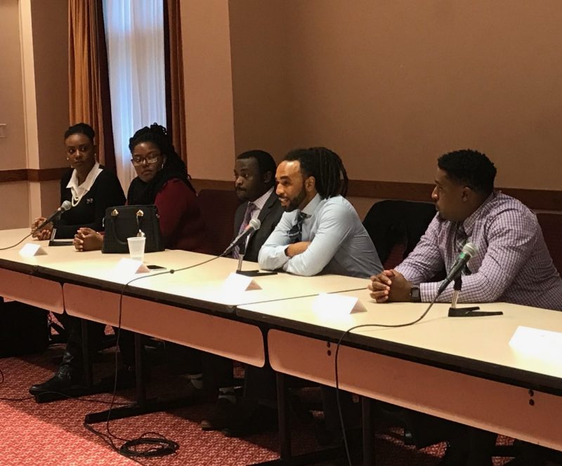 Trichia Cadette, Angelina Hargrove, Matt Ferby, Taylor McFadden, and Courtney Lawrence, all HBCU alumni who now are Virginia Tech Graduate Students answer questions from visiting undergraduate students at the HBCU/MSI Research Summit, October 2018