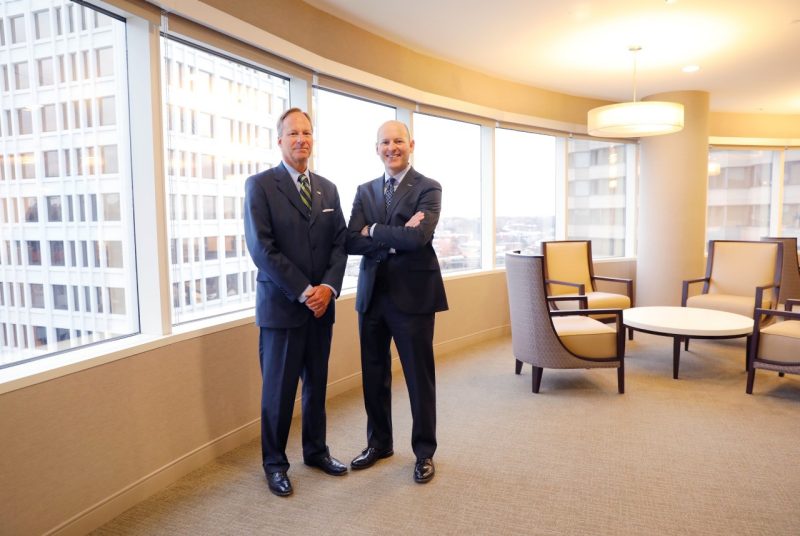 Earlier this year, Union Bankshares Corporation, led by John Asbury (right), completed its acquisition of Access National Corporation, led by Mike Clarke. Clarke will be on campus Wednesday, April 10, to talk about being a banker and entrepreneur as the Pamplin College of Business Wells Fargo Distinguished Speaker.