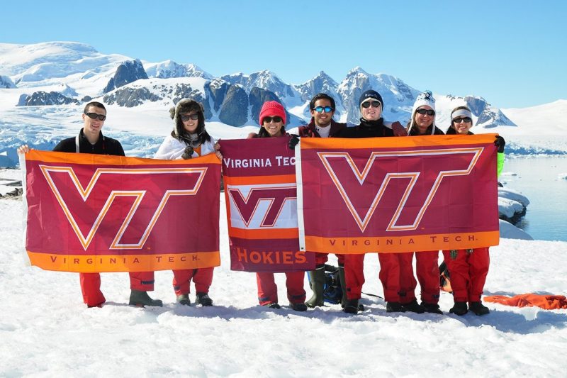 Virginia Tech students show their Hokie pride in Antarctica.