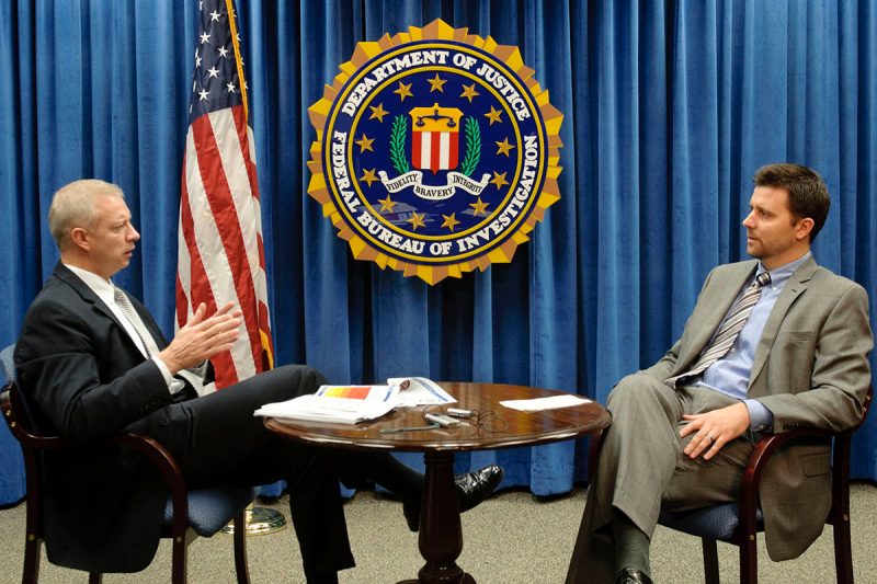 Former director of the FBI cybercrimes division and Virginia Tech alum, Gordon Snow , being interviewed by Wade Baker, collegiate associate professor of integrated security in the Pamplin College of Business. Virginia Tech photo