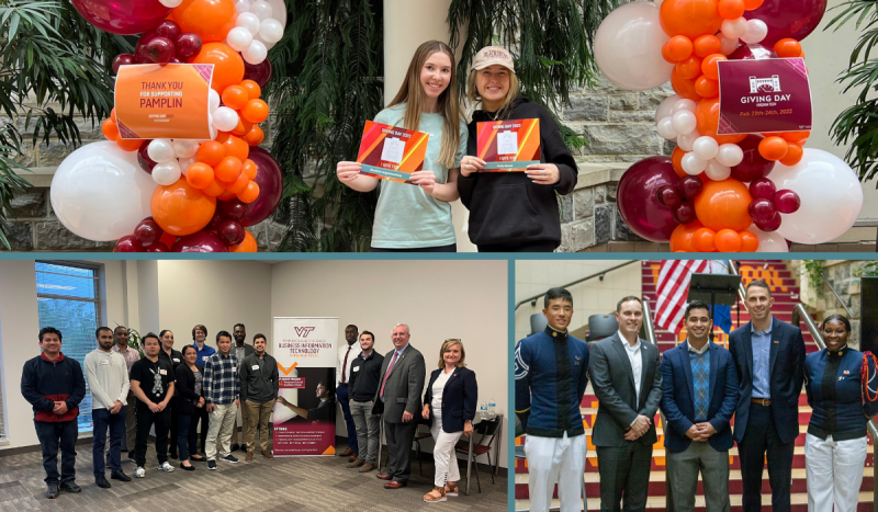 3 photo collage: Giving Day (2 students under balloon arch); BIT-Cyber students posed with faculty and alumni; 4 Pamplin community members posed during Veterans Day event in 2022