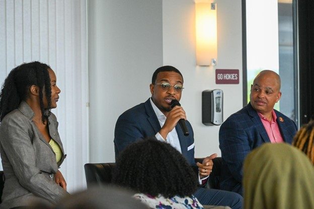 Pamplin board members Eric Johnston and Errol Alexander from Howard Feiertag Department of Hospitality and Tourism Management, alongside assistant professor Dr. Shaniel Bernard Simpson, sharing life experiences within the HTM field. Photo by A’me Dalton for Virginia Tech. 