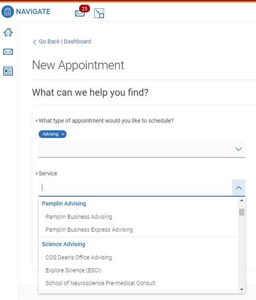 screen shot of scheduling appointment